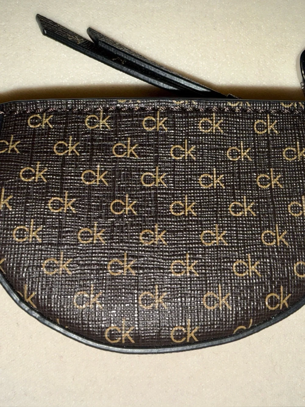 Calvin Klein Brown Logo Zip Key Pouch with Silver Hardware